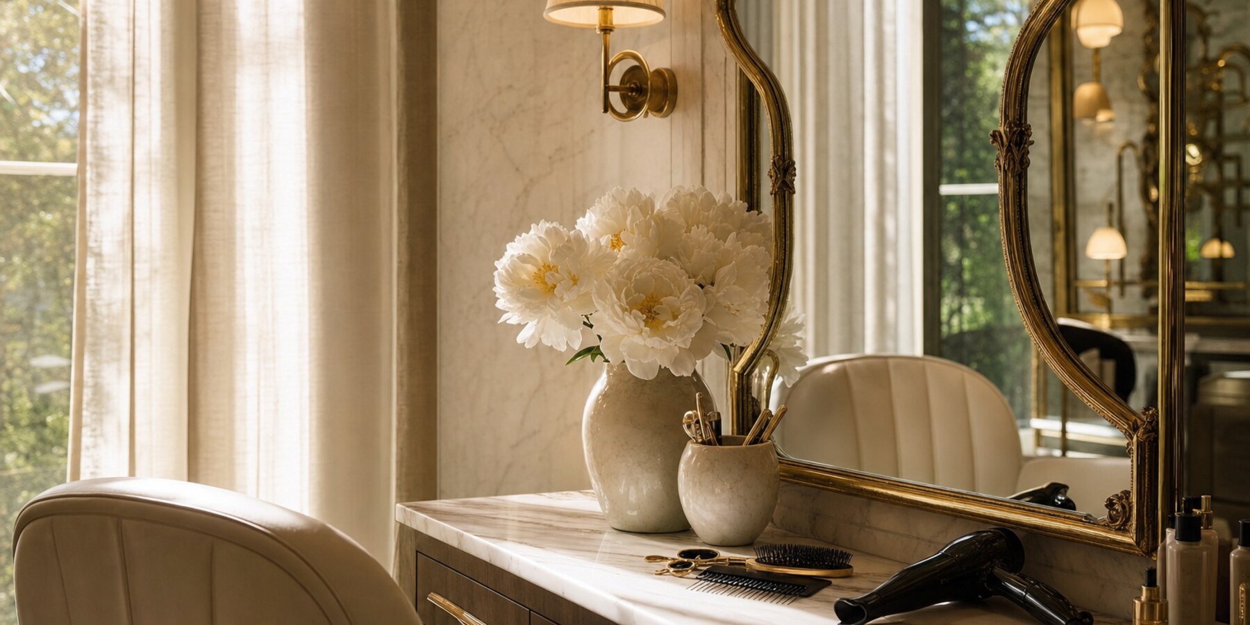 The Videljames studio — quiet luxury, marble vanity and warm golden light